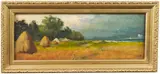 Haystacks By The Sea.' Oil on board. Initialed by George T. Brown, pencil inscription on verso. H 13" x W 5"; H 6 3/4" x W 14 3/4 (overall). Proven, offered Mar 2023