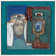 The Verdict by Henry Schwartz, 1964, Oil and collaged elements mounted on board and fabric. Initialed bottom left, offered Dec 2022