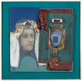 The Verdict by Henry Schwartz, 1964, Oil and collaged elements mounted on board and fabric. Initialed bottom left, offered Dec 2022