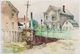 Figures Crossing A Bridge.' by Mildred C. Jones, Watercolor on paper, offered Dec 2022