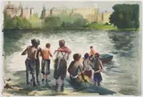 Boys Playing in the Water (appears to be Central Park, NYC by Jerri Ricci, Watercolor on paper, offered Dec 2022