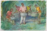 Island Steel Drum Players by Mildred C. Jones, Watercolor on paper, offered Dec 2022