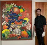 Still Life with Oranges and Grapes by Ted Weller, 1985, Encaustic on board, offered Dec 2022