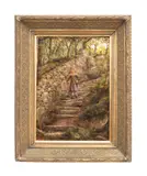 Untitled- Landscape with Young Girl on Stairs - mid 19th century by R.T. Minshull, oil on canvas, sold Jun 2024