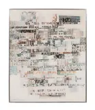 Untitled - Abstract with Words - 1971 by Tomas Mateus, oil and mixed media on canvas, sold Jun 2024