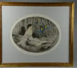 Parrots by Louis Icart, etching on paper, sold Dec 2018