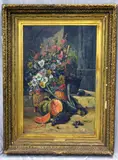 Still Life with Flowers and Melon by Antoine Conty, oil on canvas, sold Dec 2018