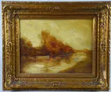 river landscape painting with figure in canoe by Ralph Albert Blakelock, oil on panel, sold Dec 2018