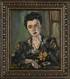 Portrait of a Lady in a Floral Gown by R. Azur, oil on board, sold Jul 2021