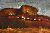 Rural Landscape with Houses by Patrick Rapai, 2008, oil on canvas, sold Jul 2021