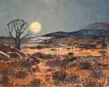 Landscape with Full Moon by Piet van Heerden, 1980, oil on canvas mounted on board, sold Jul 2021