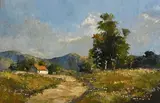 Landscape with Hills and Distant Farmhouse by Tony De Freitas, oil on board, sold Jul 2021