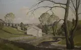 Dent Head' capturing the cottages beside the River Dee beneath the viaduct by Claude Horsfall, Oil on board, sold Dec 2025