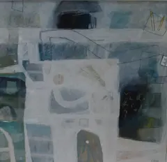 Portleven Quayside 1' an abstract costal scene in cool tones by Simon Pooley, mixed media on board, sold Nov 2025