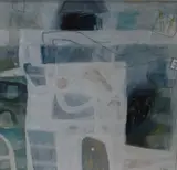 Portleven Quayside 1' an abstract costal scene in cool tones by Simon Pooley, mixed media on board, sold Nov 2025