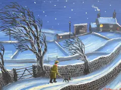 Late Night Walk' a winter scene depicting a man walking a dog up a windy country lane at night towards a farm house by James Downie, Oil on board, sold Oct 2025
