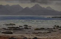 Isle of Rhum from Singing Sands Isle of Eigg by Jean Thomas, watercolour, sold Oct 2025