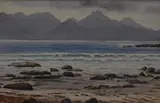 Isle of Rhum from Singing Sands Isle of Eigg by Jean Thomas, watercolour, sold Oct 2025