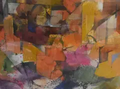 Crete Landscape,' a Cubist inspired take on a Crete landscape scene by Tony M Roberts, Pastel and Gouache, sold Aug 2025