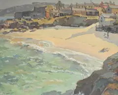 St Ives, Porthgwidden Beach from The Island by Hurst Barmford, oil on board, sold Aug 2025