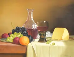 Fruit and Wine' still life study of fruit arranged with a decanter, hock glass and cheese by Ronald T Haslam, oil on canvas, sold Jul 2025