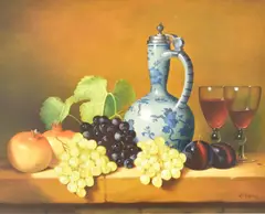 Fruit and Wine' still life study of fruit arranged with a pewter topped ceramic ewer by Ronald T Haslam, oil on canvas, sold Jul 2025