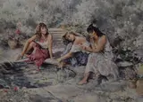 Dreams' depicting three women relaxing seated at the side of a circular pond by Gordon King, pencil, sold Jun 2025