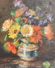Autumn-Mixed Flowers' still life study by Kate Wylie, oil on board, sold Jun 2025