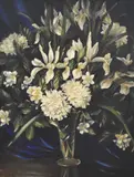 Flowers with Blue Curtain' signed lower left, wwithin an ornate moulded part gilt frame, entitled to artists label verso 49cm x 39cm & 64cm x 54cm overall by Doris Macdonald, oil on board, sold Jun 2025