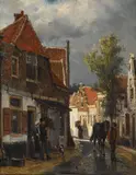 A rainy day in a street in oudewater by Cornelis Springer, Oil on panel, sold Nov 2025