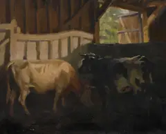 Cattle in a barn by Charles Walter Simpson, Oil on canvas, sold Nov 2025