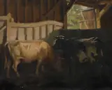 Cattle in a barn by Charles Walter Simpson, Oil on canvas, sold Nov 2025