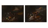 Dogs with game in a wood by Adriaen de Greuff, Oil on canvas, a pair One signed, sold Nov 2025