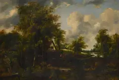 Figures by a mill in a wooded river landscape by Frederick William Watts, Oil on canvas, sold Nov 2025