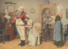 'gabriel varden preparing to go on parade' from barnaby rudge by Charles Green, Watercolour, sold Nov 2025