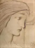 Sketch of a woman's head in profile by Simeon Soloman, Pen, ink and wash, sold Nov 2025