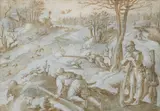 Known as giovanni stradano (flemish 1523-1605), duck hunting in winter by Jan van der Straet, Pencil, ink and brown wash, sold Nov 2025