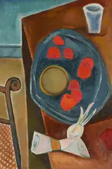 Still life with blue dish by Benjamin Creme, Oil on board, sold Oct 2025