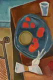 Still life with blue dish by Benjamin Creme, Oil on board, sold Oct 2025