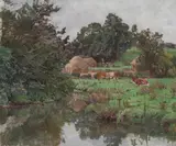 Cows resting beside the river's edge by Allan Gwynne-Jones, Oil on canvas, sold Oct 2025
