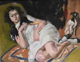 Portrait of a young lady resting beside her dog by Adriend Dupagne, Oil on canvas, sold Oct 2025