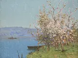 Lake scene with punt and blossom by Tom Robertson, Oil on canvas, sold Oct 2025