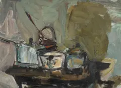 Pans on the cooker by Joan Eardley, 1957, Oil on board, sold Oct 2025