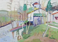 House by a river by Fred Yates, Oil on board, sold Oct 2025