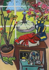 View through the garden window with lobster and flower pots by Elizabeth Cope, Oil and collage on canvas, sold Oct 2025