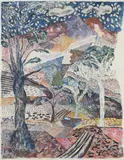Trees in a mountain landscape by Renois Loizou, Ink and watercolour on handmade paper, sold Oct 2025