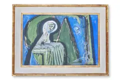 Woman and dove by Cecil Collins, 1955, Gouache, watercolour and crayon, sold Oct 2025