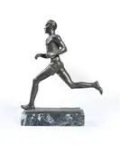 'runner' sculpture; circa 1940 by Hans Haffenrichter, Bronze, marble base, sold Oct 2025