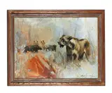 Lioness in a landscape with figures by Emily Lamb, Oil on canvas, sold Aug 2025