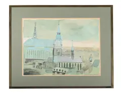 View of a church by Patrick Procktor, Watercolour, sold Aug 2025